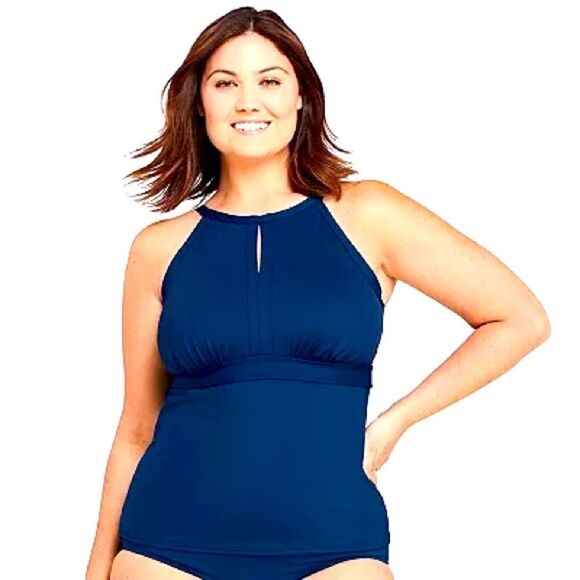 Land’s End Plus high neck adjustable size keyhole tankini navy blue Various - Picture 1 of 3